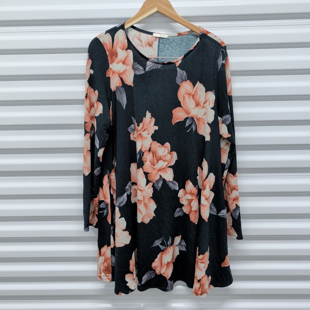 Emetla Floral Tunic Top 3X Large Womens Black Peach Rose Long Sleeve Made in USA
